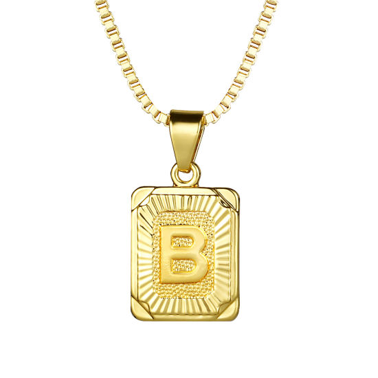 Picture of 24K Real Gold Plated Copper Rectangle Initial Alphabet/ Capital Letter Message " B " Pendant Necklace 55.5cm(21 7/8") - 55cm(21 5/8") long, 1 Piece