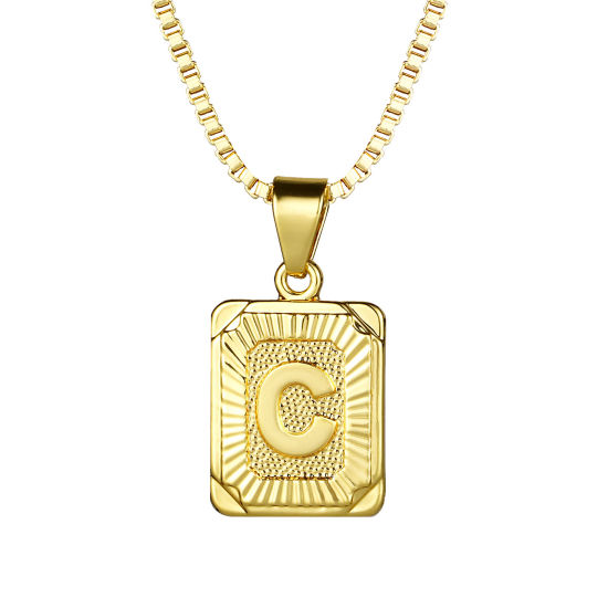 Picture of 24K Real Gold Plated Copper Rectangle Initial Alphabet/ Capital Letter Message " C " Pendant Necklace 55.5cm(21 7/8") - 55cm(21 5/8") long, 1 Piece