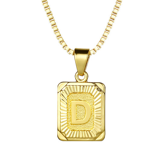 Picture of 24K Real Gold Plated Copper Rectangle Initial Alphabet/ Capital Letter Message " D " Pendant Necklace 55.5cm(21 7/8") - 55cm(21 5/8") long, 1 Piece