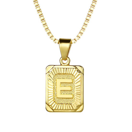 Picture of 24K Real Gold Plated Copper Rectangle Initial Alphabet/ Capital Letter Message " E " Pendant Necklace 55.5cm(21 7/8") - 55cm(21 5/8") long, 1 Piece