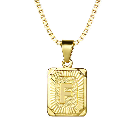 Picture of 24K Real Gold Plated Copper Rectangle Initial Alphabet/ Capital Letter Message " F " Pendant Necklace 55.5cm(21 7/8") - 55cm(21 5/8") long, 1 Piece