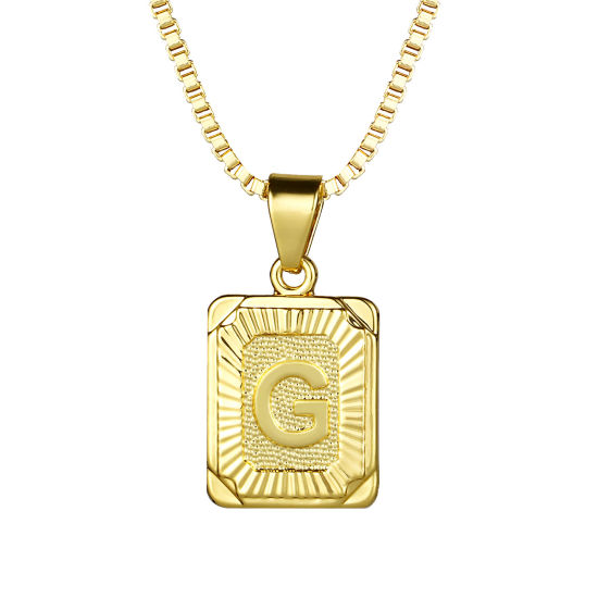 Picture of 24K Real Gold Plated Copper Rectangle Initial Alphabet/ Capital Letter Message " G " Pendant Necklace 55.5cm(21 7/8") - 55cm(21 5/8") long, 1 Piece