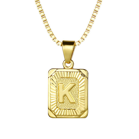 Picture of 24K Real Gold Plated Copper Rectangle Initial Alphabet/ Capital Letter Message " K " Pendant Necklace 55.5cm(21 7/8") - 55cm(21 5/8") long, 1 Piece