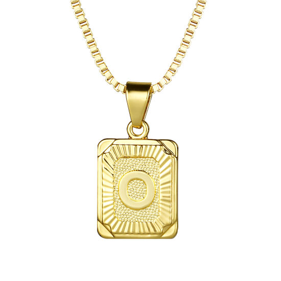 Picture of 24K Real Gold Plated Copper Rectangle Initial Alphabet/ Capital Letter Message " O " Pendant Necklace 55.5cm(21 7/8") - 55cm(21 5/8") long, 1 Piece