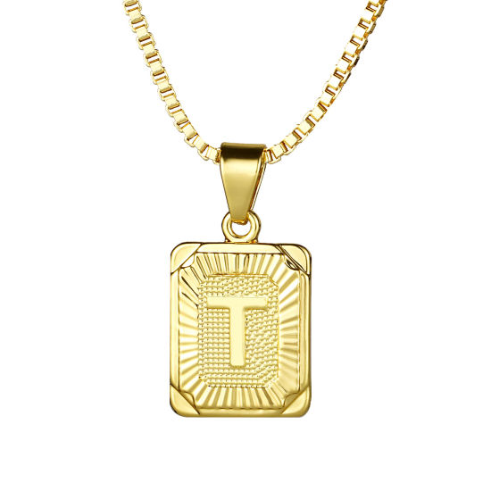 Picture of 24K Real Gold Plated Copper Rectangle Initial Alphabet/ Capital Letter Message " T " Pendant Necklace 55.5cm(21 7/8") - 55cm(21 5/8") long, 1 Piece