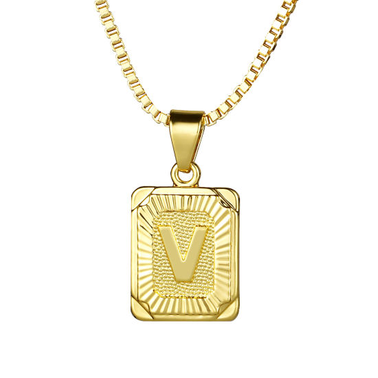 Picture of 24K Real Gold Plated Copper Rectangle Initial Alphabet/ Capital Letter Message " V " Pendant Necklace 55.5cm(21 7/8") - 55cm(21 5/8") long, 1 Piece