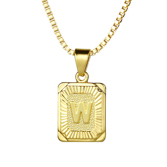 Picture of 24K Real Gold Plated Copper Rectangle Initial Alphabet/ Capital Letter Message " W " Pendant Necklace 55.5cm(21 7/8") - 55cm(21 5/8") long, 1 Piece