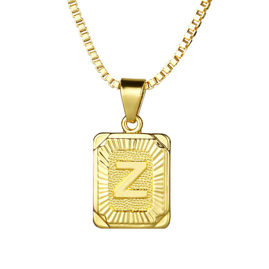 Picture of 24K Real Gold Plated Copper Rectangle Initial Alphabet/ Capital Letter Message " Z " Pendant Necklace 55.5cm(21 7/8") - 55cm(21 5/8") long, 1 Piece