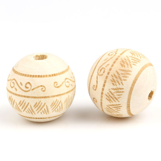 Picture of Wood Spacer Beads Round Natural Carved Pattern About 16mm Dia., Hole: Approx 4.1mm, 20 PCs