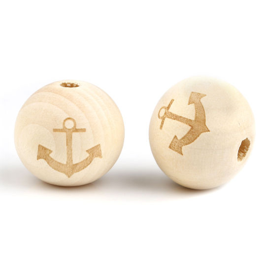 Picture of Wood Spacer Beads Round Natural Anchor About 16mm Dia., Hole: Approx 4.1mm, 20 PCs