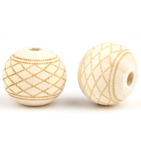 Picture of Wood Spacer Beads Round Natural Grid Checker About 20mm Dia., Hole: Approx 4.5mm, 20 PCs