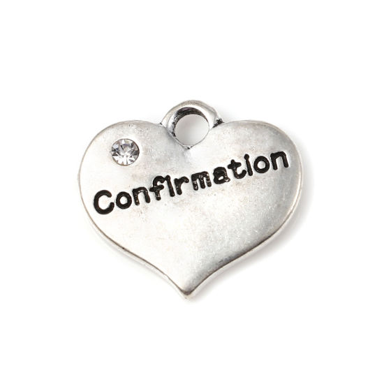 Immagine di Lega di Zinco Charms Cuore Argento Antico Lettere " Confirmation " Trasparente Strass 16mm x 15mm , 10 Pz