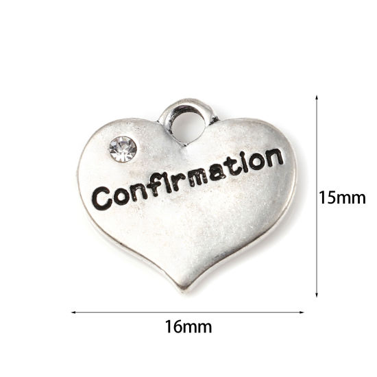 Immagine di Lega di Zinco Charms Cuore Argento Antico Lettere " Confirmation " Trasparente Strass 16mm x 15mm , 10 Pz