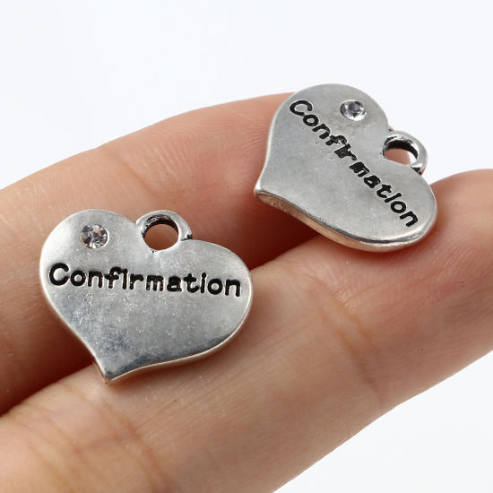 Immagine di Lega di Zinco Charms Cuore Argento Antico Lettere " Confirmation " Trasparente Strass 16mm x 15mm , 10 Pz