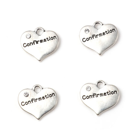 Immagine di Lega di Zinco Charms Cuore Argento Antico Lettere " Confirmation " Trasparente Strass 16mm x 15mm , 10 Pz