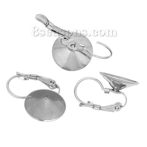 Picture of 304 Stainless Steel Clip On Earring Cabochon Settings Round Silver Tone (Fits 12mm Dia) 18mm( 6/8") x 13mm( 4/8"), Post/ Wire Size: (20 gauge), 10 PCs
