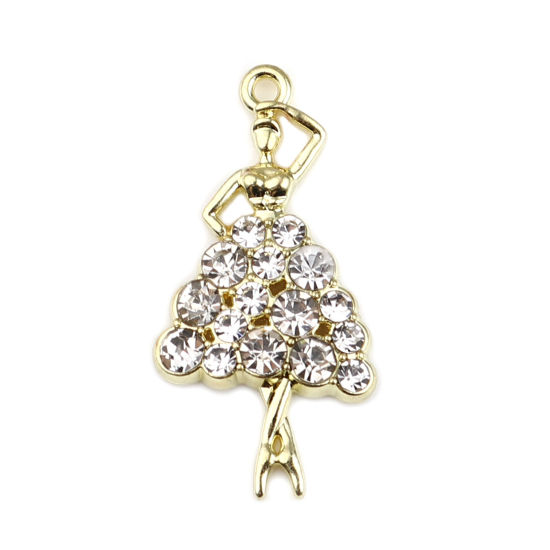 Immagine di Lega di Zinco Ciondoli Ragazza ballante Oro Placcato Trasparente Strass 31mm x 16mm , 5 Pz