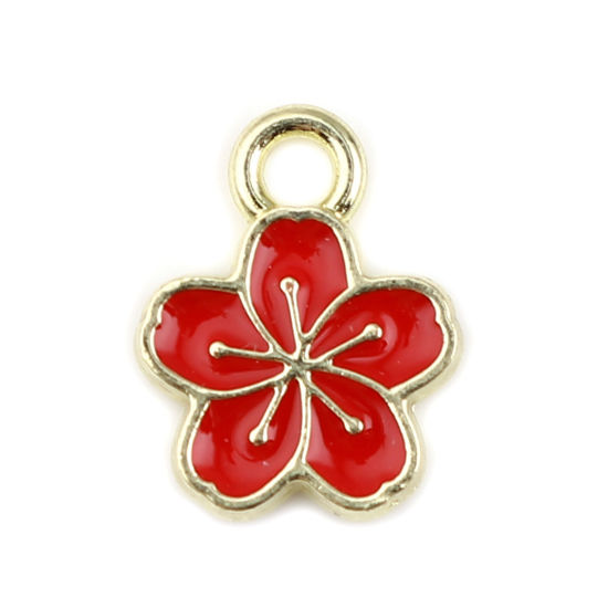 Picture of Zinc Based Alloy Charms Flower Gold Plated Red Enamel 11mm x 9mm, 20 PCs