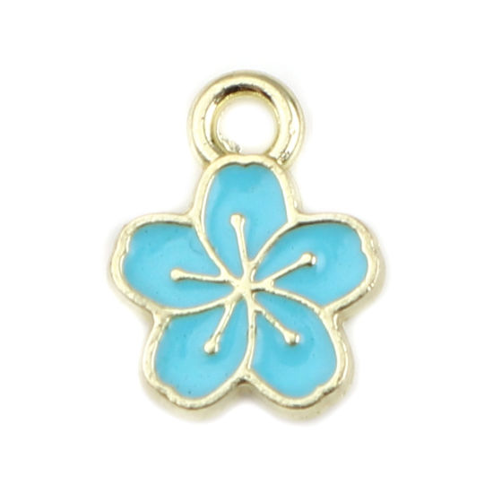 Picture of Zinc Based Alloy Charms Flower Gold Plated Blue Enamel 11mm x 9mm, 20 PCs