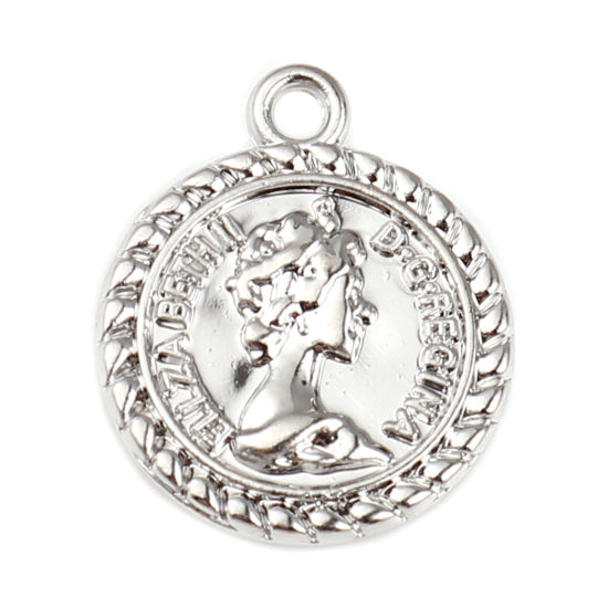 Bild von Zinklegierung Charms Münze Silberfarbe Kopf Porträt 19mm x 16mm, 10 Stück