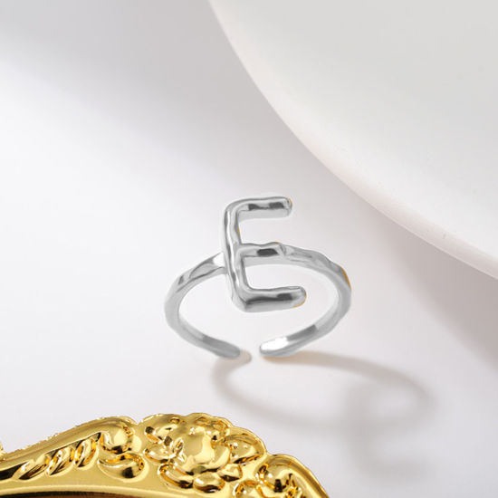 Bild von Edelstahl Offen Verstellbar Ring Silberfarbe Ring Anfangsbuchstabe/ Großbuchstabe " E " 16.5mm（US Größe:6), 1 Stück