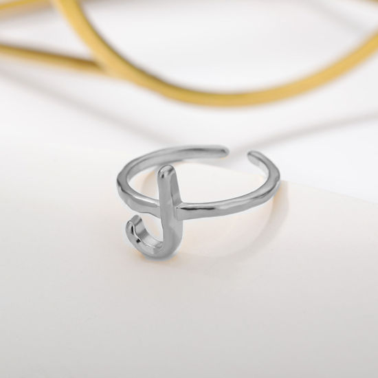 Bild von Edelstahl Offen Verstellbar Ring Silberfarbe Ring Anfangsbuchstabe/ Großbuchstabe " J " 16.5mm（US Größe:6), 1 Stück