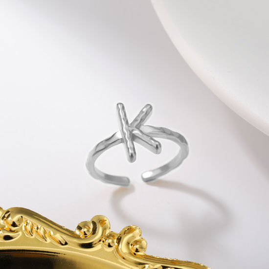 Bild von Edelstahl Offen Verstellbar Ring Silberfarbe Ring Anfangsbuchstabe/ Großbuchstabe " K " 16.5mm（US Größe:6), 1 Stück