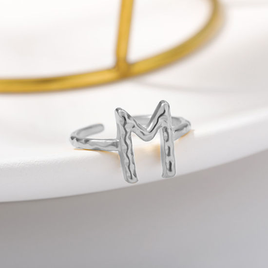 Bild von Edelstahl Offen Verstellbar Ring Silberfarbe Ring Anfangsbuchstabe/ Großbuchstabe " M " 16.5mm（US Größe:6), 1 Stück
