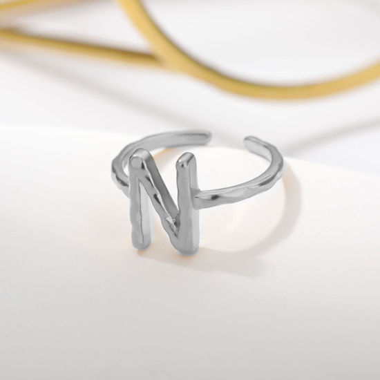 Bild von Edelstahl Offen Verstellbar Ring Silberfarbe Ring Anfangsbuchstabe/ Großbuchstabe " N " 16.5mm（US Größe:6), 1 Stück