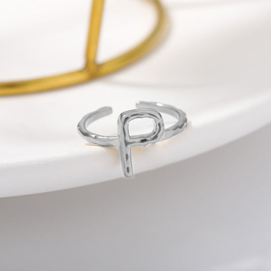 Bild von Edelstahl Offen Verstellbar Ring Silberfarbe Ring Anfangsbuchstabe/ Großbuchstabe " P " 16.5mm（US Größe:6), 1 Stück