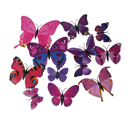Picture of PVC Fridge Magnet Home Decoration 3D Butterfly Fuchsia W/ Adhesive Foam Pads 12cm x10.5cm(4 6/8" x4 1/8") - 6cm x4.3cm(2 3/8" x1 6/8"), 1 Packet(12 PCs/Packet)