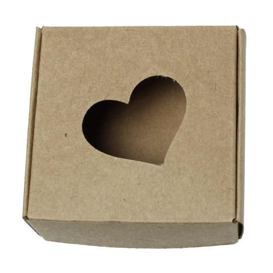 Bild von Papier Schmuck Verpackung Schachtel Hellbraun Herz Muster 7.5cmx 7.5cm 10 Stück