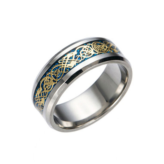 Picture of Stainless Steel Unadjustable Rings Blue Carved Pattern 17.3mm(US Size 7), 1 Piece