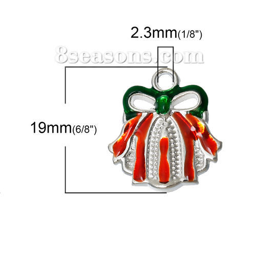 Imagen de Colgantes Aleación del Metal Del Zinc de Cascabel Navidad , Al Azar y Rojo & Verde Nudo Mariposa Patrón Esmalte 19mmx 18mm, 5 Unidades