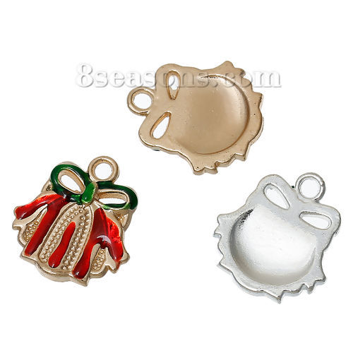 Imagen de Colgantes Aleación del Metal Del Zinc de Cascabel Navidad , Al Azar y Rojo & Verde Nudo Mariposa Patrón Esmalte 19mmx 18mm, 5 Unidades
