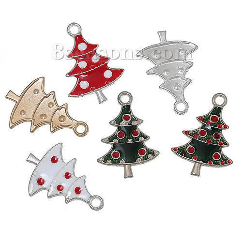 Immagine di Lega di Zinco Charm Ciondoli Albero di Natale A Random Smalto 26mm x 18mm , 5 Pz