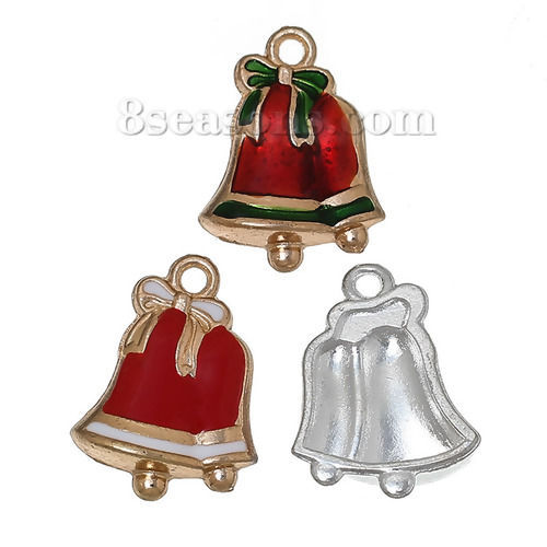 Imagen de Colgantes Aleación del Metal Del Zinc de Cascabel Navidad , Al Azar y Rojo & Verde Nudo Mariposa Patrón Esmalte 24mmx 17mm, 5 Unidades
