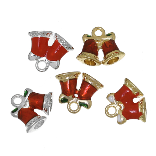 Picture of Zinc Metal Alloy Charms Christmas Jingle Bell Bowknot Carved At Random Mixed Enamel 16mm( 5/8") x 14mm( 4/8"), 10 PCs