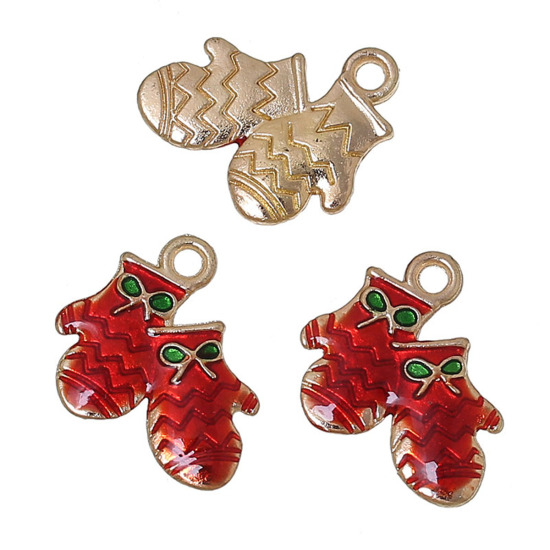 Picture of Zinc Metal Alloy Charms Christmas Gloves Bowknot Carved At Random Mixed Red & Green Enamel 17mm( 5/8") x 16mm( 5/8"), 10 PCs