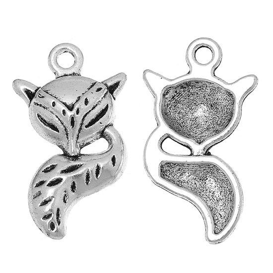 Picture of Zinc Metal Alloy Charms Fox Animal Antique Silver Color 24mm(1") x 13mm( 4/8"), 50 PCs