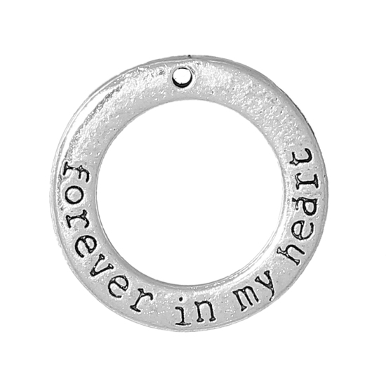 Picture of Zinc Based Alloy Positive Quotes Energy Pendants Antique Silver Color Circle Ring Message " Forever In My Heart " 27.5mm Dia., 5 PCs