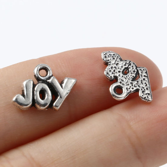 Image de Breloques en Alliage de Zinc Argent Vieilli Message" JOY " 12mm x 9mm, 100 Pcs