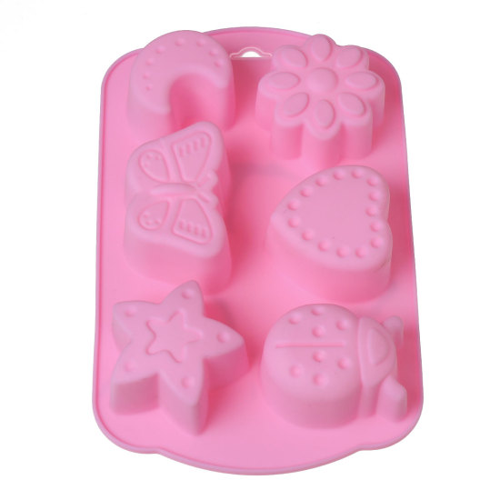 Picture of Silicone Baking Tools 6 Cavity Chocolate Mold Cake Mould Pink Butterfly Heart Flower Pattern 17cm(6 6/8") x 10.7cm(4 2/8"), 1 Piece
