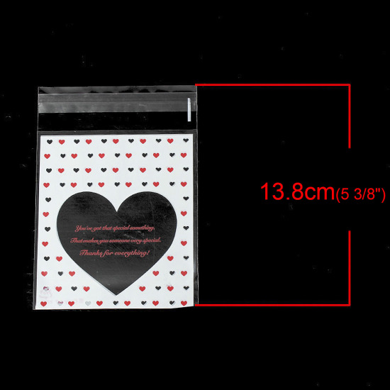 Picture of OPP Food Safe Party Candy Cookie Bags White Heart Pattern Self Adhesive (Usable Space: 11x9.8cm) 13.8cm(5 3/8") x 9.8cm(3 7/8"), 1 Packet(100 PCs/Packet)
