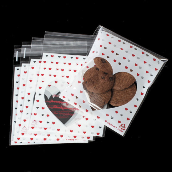 Bild von OPP Tüte Beutel für Süßigkeiten Bonbons Weiß Herz Motiv Selbstklebend (Nutzfläche: 11x9.8cm) 13.8cm x 9.8cm 1 Paket (ca 100 Stück/Paket)