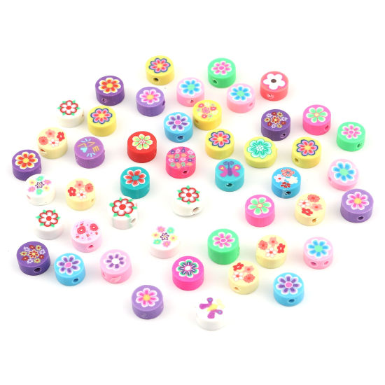 Bild von Polymer Ton Perlen Rund Zufällig Mix, mit Blumen Muster, 10mm D., Loch: 1.8mm, 50 Stück