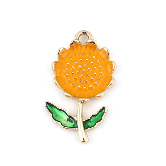 Immagine di Lega di Zinco Ciondoli Girasole Oro Placcato Arancione Smalto 31mm x 17mm , 5 Pz