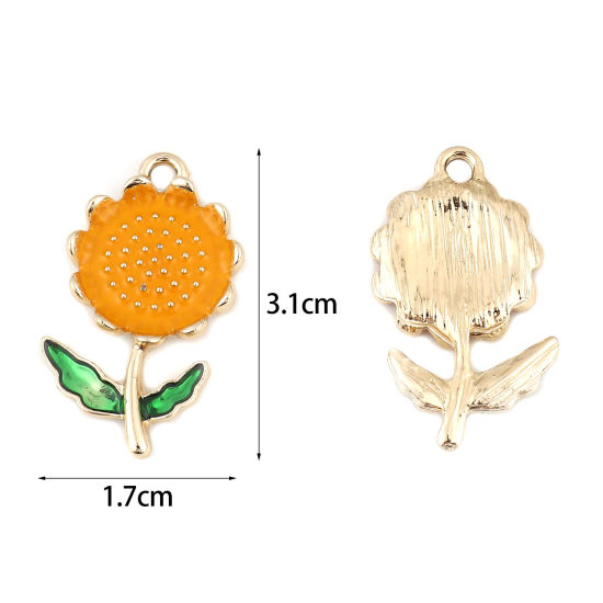 Immagine di Lega di Zinco Ciondoli Girasole Oro Placcato Arancione Smalto 31mm x 17mm , 5 Pz
