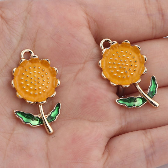 Immagine di Lega di Zinco Ciondoli Girasole Oro Placcato Arancione Smalto 31mm x 17mm , 5 Pz