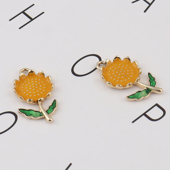 Immagine di Lega di Zinco Ciondoli Girasole Oro Placcato Arancione Smalto 31mm x 17mm , 5 Pz